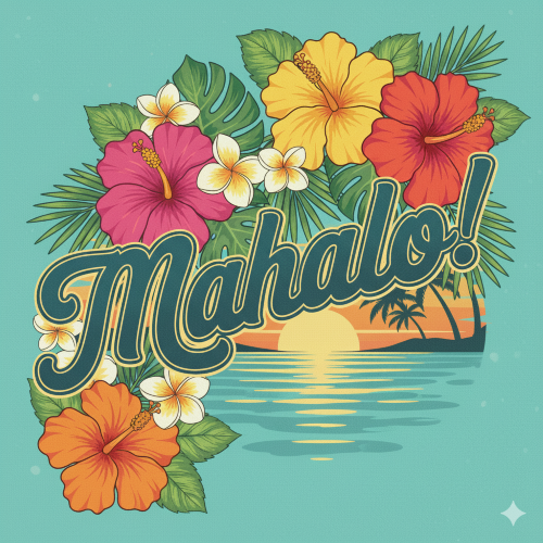 Mahalo! with hibiscus and plumeria and a sunset