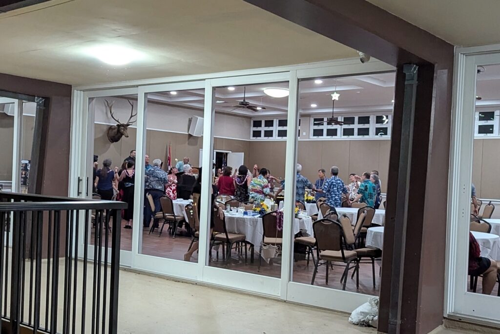 Looking into the banquet room through the sliding glass doors