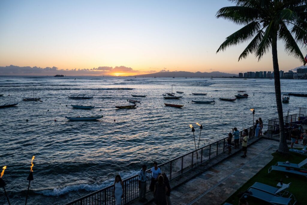 Sunset with canoes in foreground